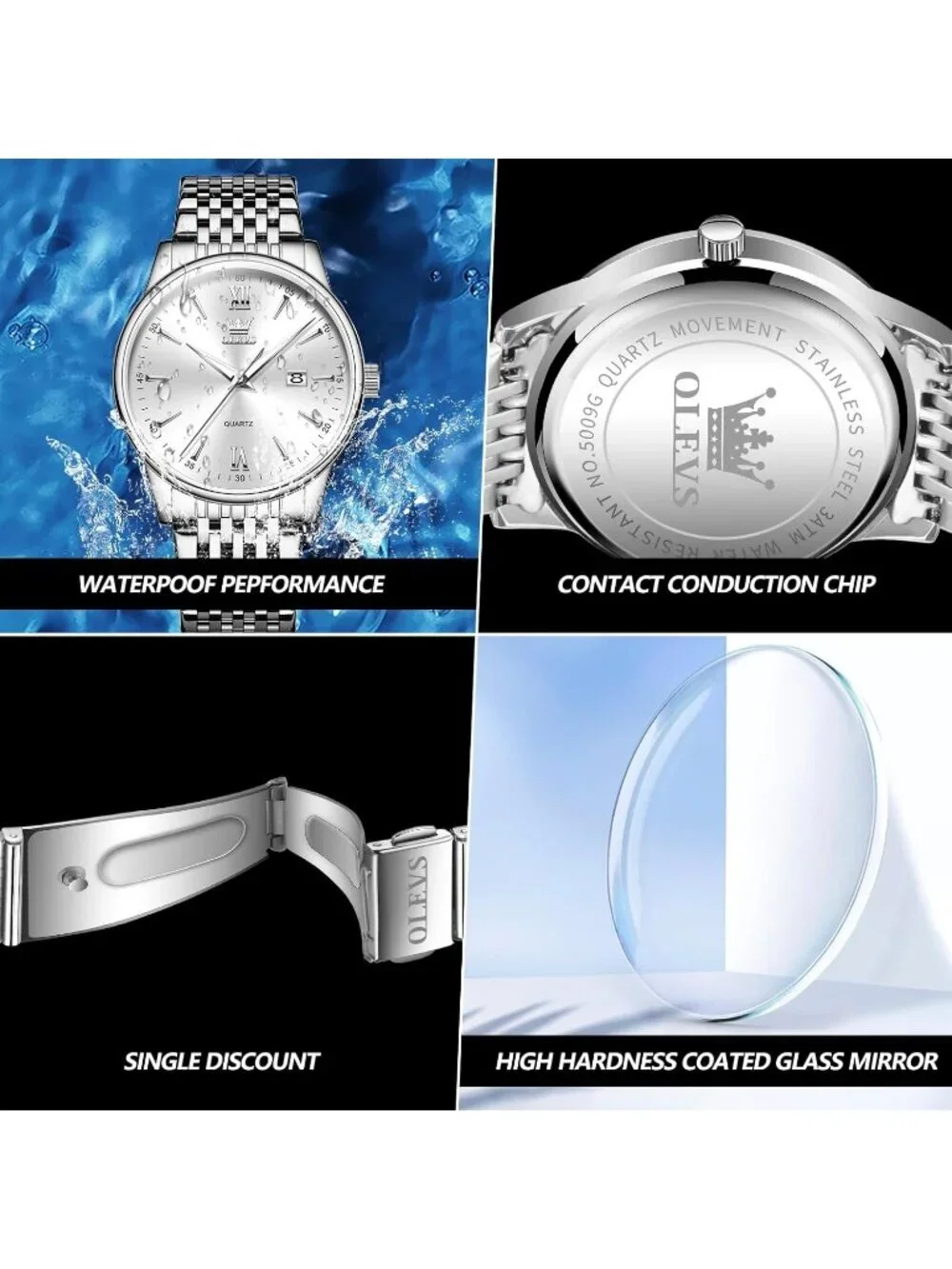 Men's Silver Big Dial Analog Quartz Stainless Steel Relojes Waterproof Watch